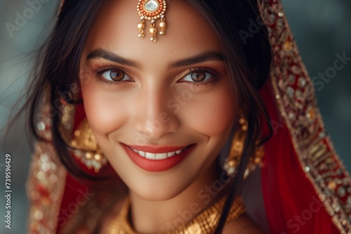 Indian girl smiling model with golden kundan jewelry wearing traditional lehenga choli photo
