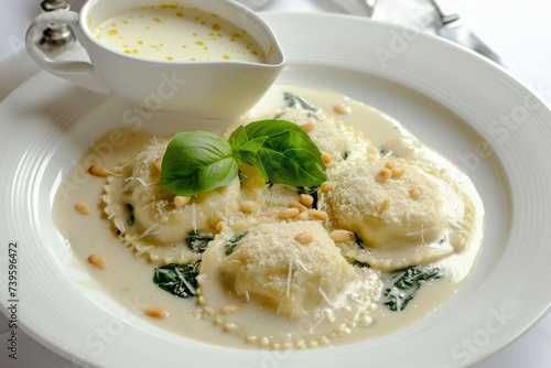 Italian ravioli with ricotta spinach and toppings on white dish sauce in gravy boat top view