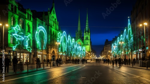 Green holograms on houses on St. Patrick's Day