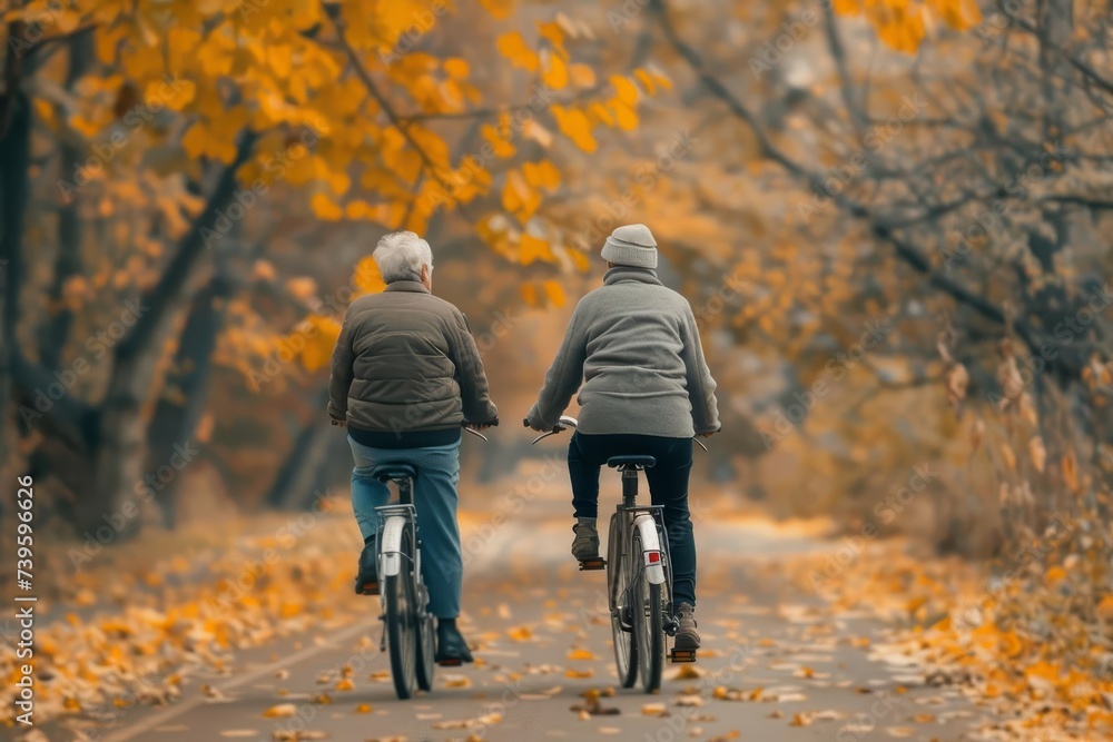 Senior couple enjoying a leisurely bike ride through a picturesque park Embracing active and healthy aging together