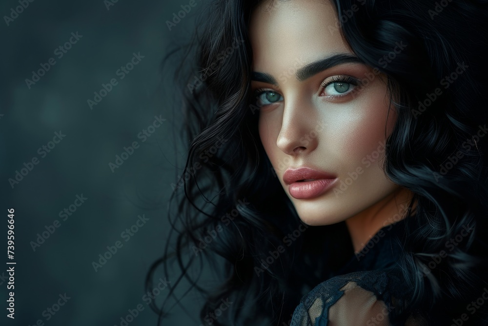 Gorgeous black haired woman posing beautifully with curly hair and radiant beauty captured in a stunning portrait against a dark background Gorgeous black haired woman posing beautifully with curly hair and radiant beauty captured in a stunning portrait against a dark background