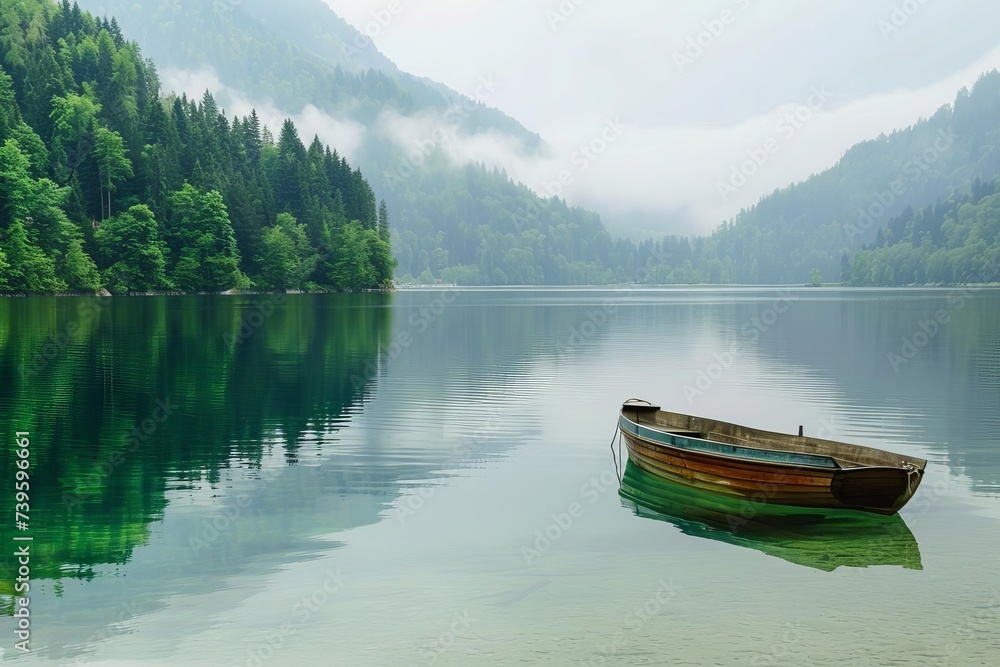 Serene lake scene with a boat gently floating Embodying peace and tranquility