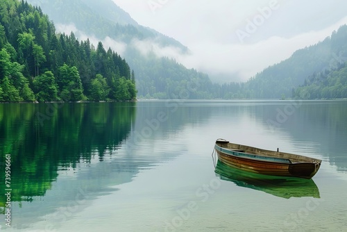 Serene lake scene with a boat gently floating Embodying peace and tranquility