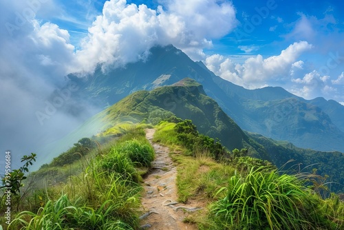 Serene pathway leading to the summit of a majestic mountain Inspiring a journey of discovery and achievement