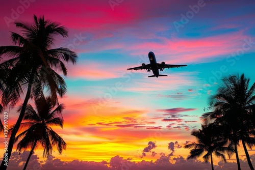 Tropical sunset with an airplane silhouette against a vibrant sky Illustrating travel and adventure © Jelena