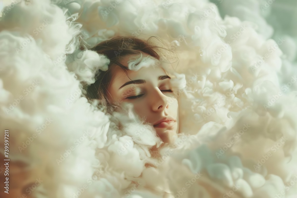 Woman enveloped in clouds In a serene dream sequence Symbolizing peace Tranquility And ethereal beauty Woman enveloped in clouds In a serene dream sequence Symbolizing peace Tranquility And ethereal beauty
