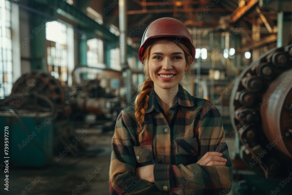 Smiling female worker in workwear and helmet at an industrial plant Smiling female worker in workwear and helmet at an industrial plant