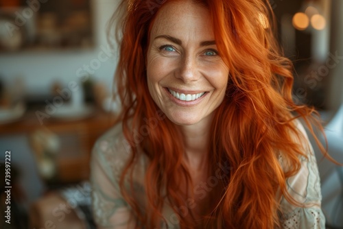 Smiling middle aged woman with red hair enjoying teeth whitening treatment at home photo