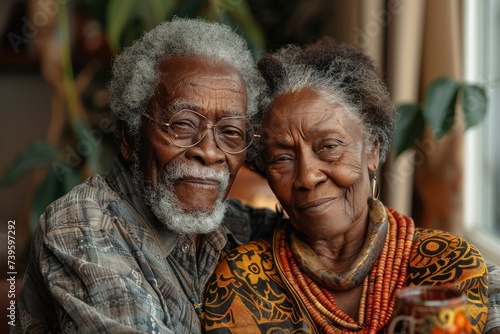 An elderly couple stands proudly, adorned in their finest clothing, beaming with joy as they pose for a portrait in the serene surroundings of a temple