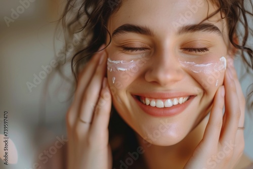 Happy young woman with closed eyes applies cream on her face and moisturizes her skin with cosmetics creating a home spa care concept photo