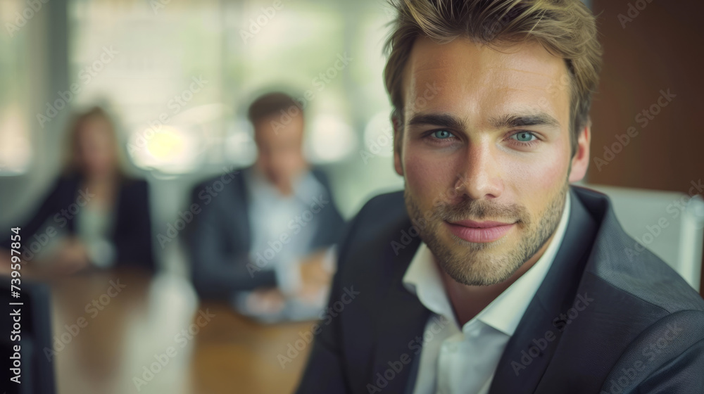 In this professional setting, a successful businessman occupies a boardroom seat while his team stands in the background, highlighting his leadership and teamwork. In this professional setting, a successful businessman occupies a boardroom seat while his team stands in the background, highlighting his leadership and teamwork.