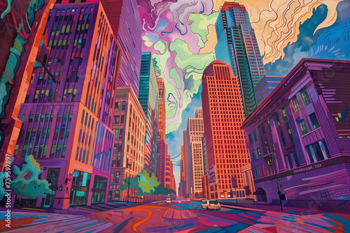 Sunset Fantasy: Whimsical Cityscape with Colorful Clouds and Flowing Architectur