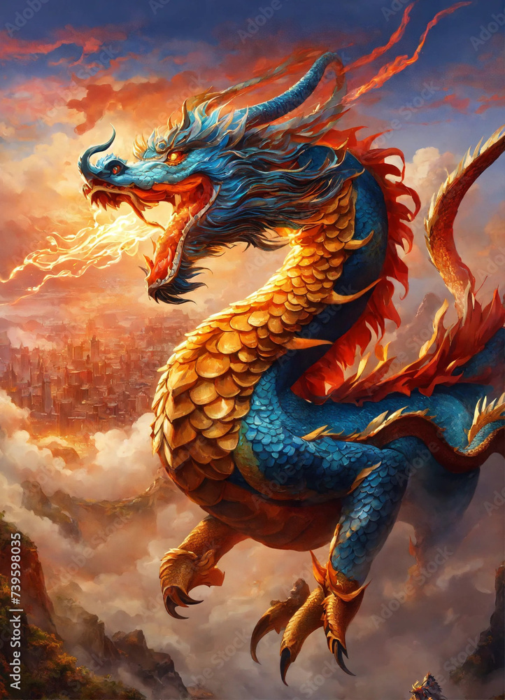 Blue and gold dragon with fire flames coming out of its mouth