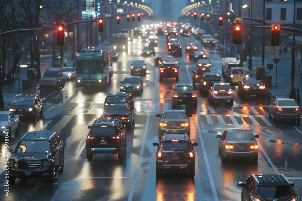 A hectic city street at night, filled with numerous vehicles honking and flashing lights at a busy intersection.