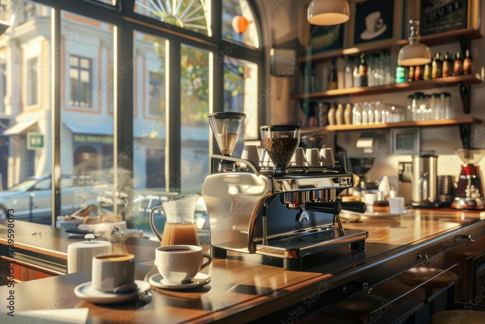 A coffee machine sits atop a counter next to a window in VetalVit, a chic coffee shop, as steaming cups of espresso are prepared.