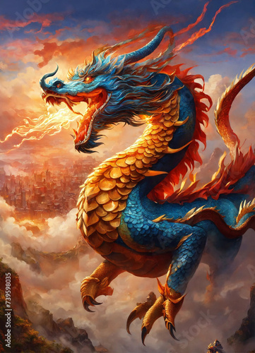 Blue and gold dragon with fire flames coming out of its mouth © JELENA