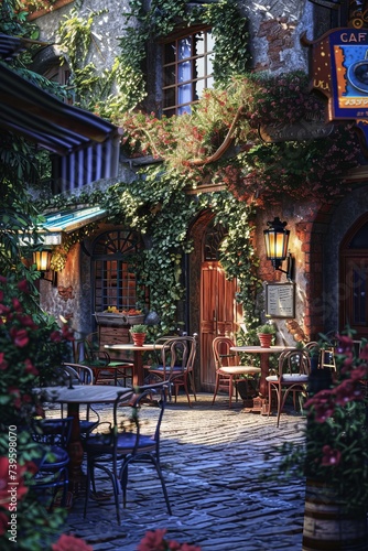 A charming cobblestone street lined with tables and chairs outside VetalVit, a café tucked away on a quaint European street. © Vit