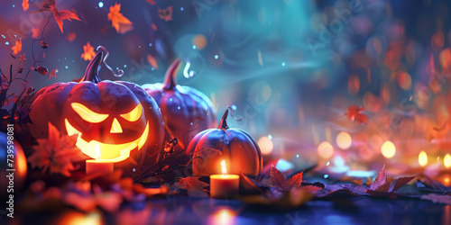 Cozy blurred Halloween background,with pumpkins at the side, banner