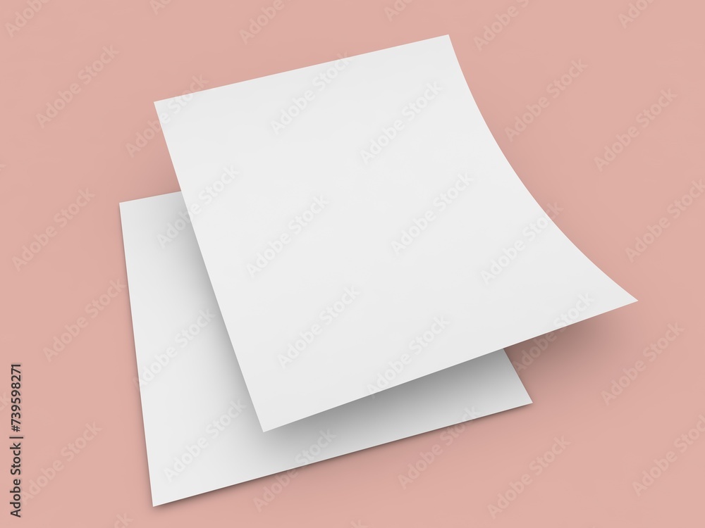 Two sheets of A4 paper on a pink background. 3d render illustration. Two sheets of A4 paper on a pink background. 3d render illustration.