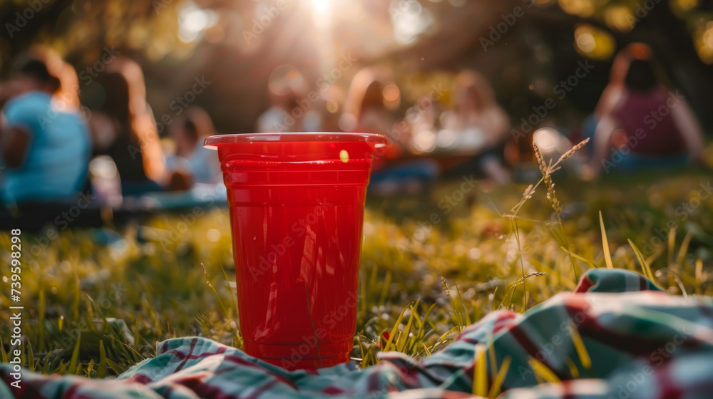 Close-up of a classic red solo cup at a simple picnic. Close-up of a classic red solo cup at a simple picnic.
