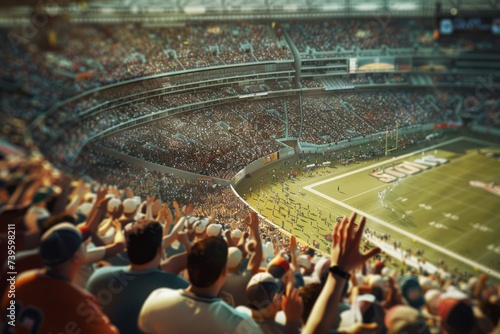 A packed sports stadium filled with cheering fans during a football game.