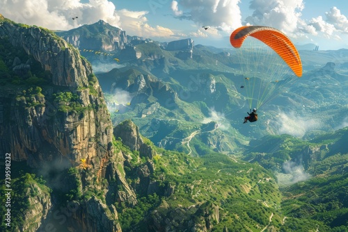 A brave paraglider fearlessly soars through the air above a vibrant, verdant valley. photo