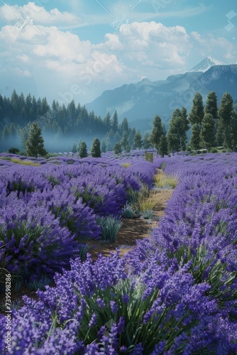 A stunning field of blooming lavender flowers, surrounded by majestic mountains in the background. © Vit
