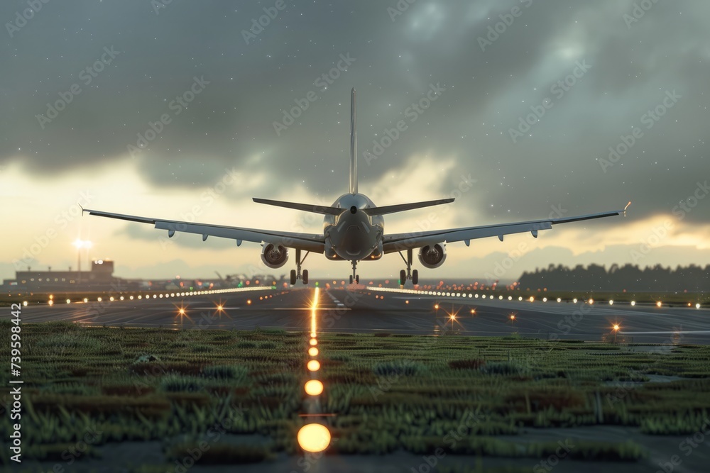 A modern commercial airliner can be seen taking off from the runway at an airport.