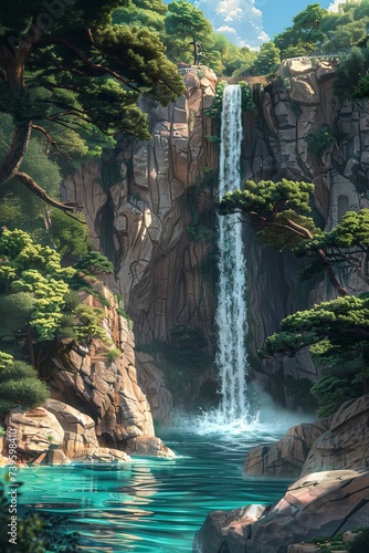 A powerful and mesmerizing painting showcasing a majestic waterfall surrounded by the lush greenery of a forest.