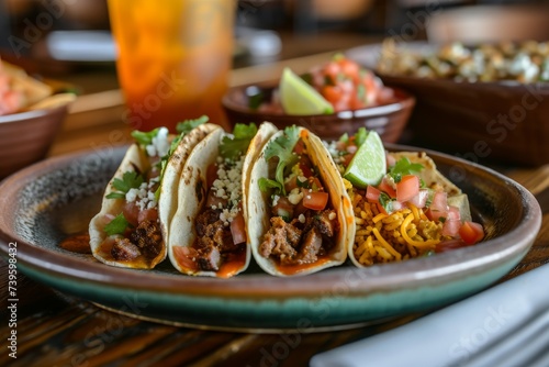 Tacos are a popular Tex Mex dish with crispy tortillas filled with various ingredients and served with rice and beans