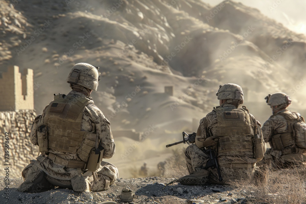 A group of soldiers are seen sitting on top of a hill, likely a reconnaissance team gathering intelligence on the enemy. A group of soldiers are seen sitting on top of a hill, likely a reconnaissance team gathering intelligence on the enemy.