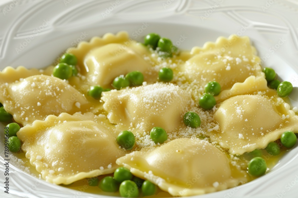 Ricotta filled ravioli topped with green peas Ricotta filled ravioli topped with green peas