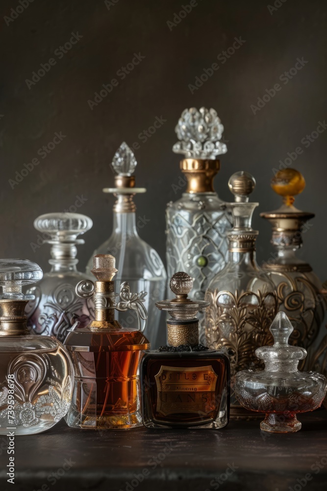 A row of antique perfume bottles in various shapes and sizes enhances the tabletop display. A row of antique perfume bottles in various shapes and sizes enhances the tabletop display.
