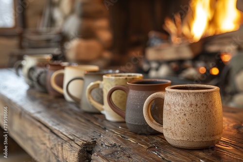 A row of earthy-toned artisanal pottery mugs sitting on top of a sturdy wooden table.