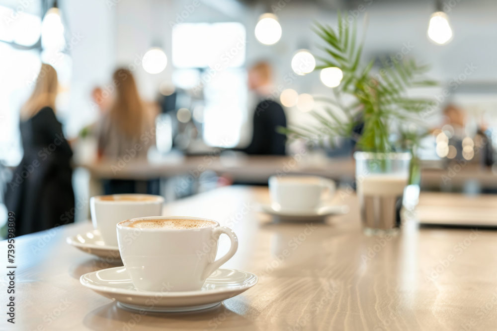 Coffee cup close-up on the table. Coffee break in business meeting or cafe. Cappuccino cup on the table. People in the blurred background.