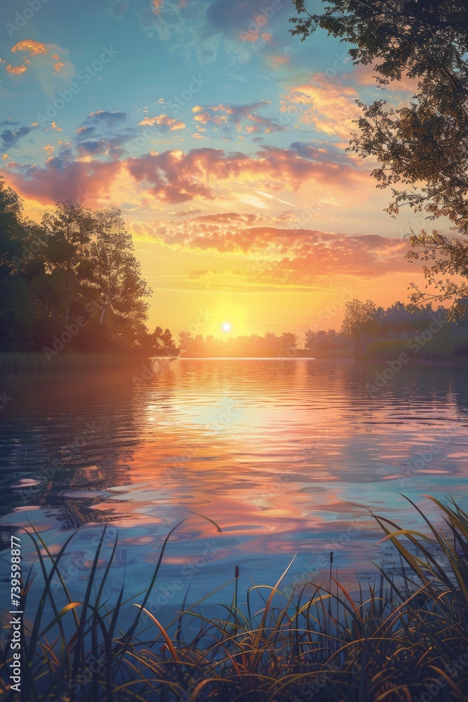 A photorealistic painting depicting a serene sunset casting its warm glow over a calm lake.