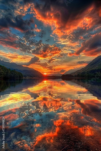 A stunning photograph capturing a vibrant sunset reflecting on a serene lake, with majestic mountains in the background.