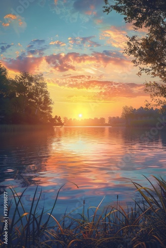 A photorealistic painting depicting a serene sunset casting its warm glow over a calm lake. © Vit