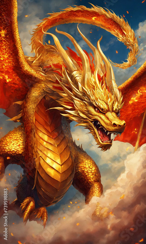 Golden dragon with wings and red and yellow flames © JELENA