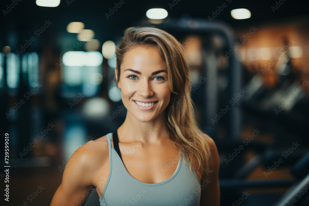 Portrait of a female fitness trainer in a gym, standing by exercise equipment and smiling at the camera Portrait of a female fitness trainer in a gym, standing by exercise equipment and smiling at the camera