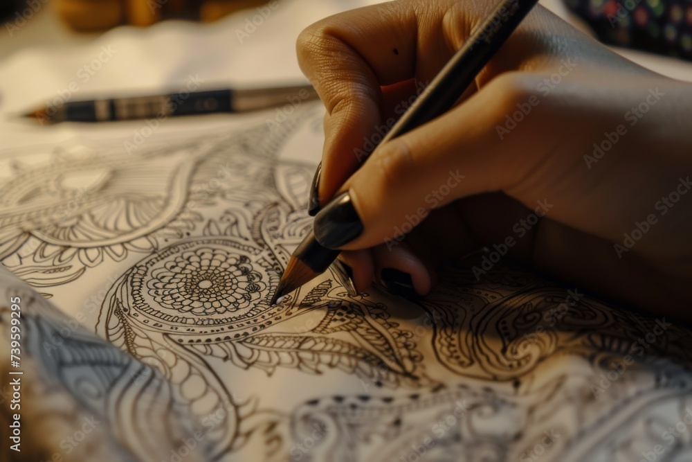 Henna menhdi ornament being drawn on woman s hand Henna menhdi ornament being drawn on woman s hand