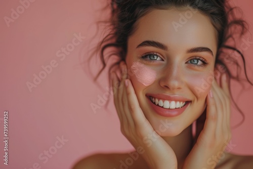 Smiling woman with flawless makeup applying moisturizer showcases beauty