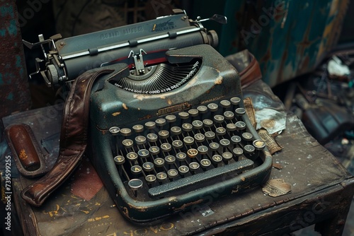 An old fashioned typewriter with aged keys and a worn leather pad, sitting on top of a table.