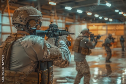 A group of soldiers from the VetalVit Tactical team engaging in live fire exercises inside a warehouse.