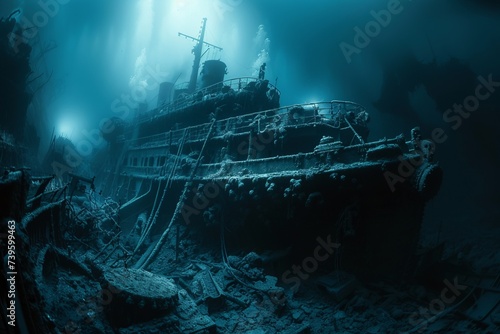 A ship is seen in the water amidst a significant amount of debris.