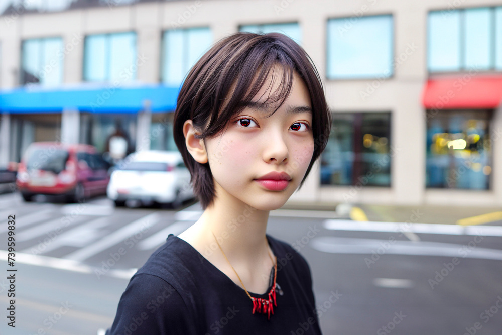 street snapshot image of beautiful Asian young woman with short haircut
