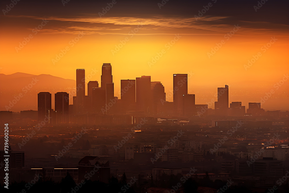 Twilight Urban Elegance: Foggy City Skyline Silhouette against Dusky Sunset