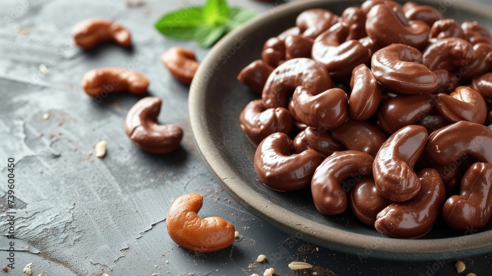 Chocolate covered cashews on a plate with a basil leaf Chocolate covered cashews on a plate with a basil leaf