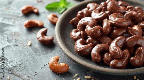 Chocolate covered cashews on a plate with a basil leaf