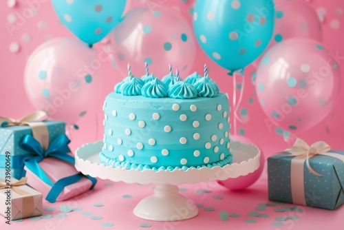 Pink cake with balloons and gift